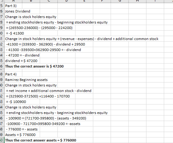 5 Part 3) 26 Jones Dividend E7 Change is stock holders equity 8 = ending stockholders equity - beginning stockholders equity