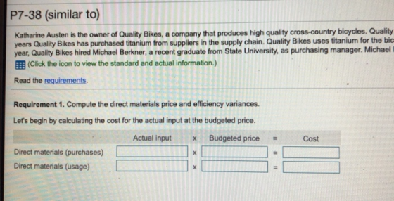 P7-38 (similar to) Katharine Austen is the owner of Quality Bikes, a company that produces high quality cross-country bicycle