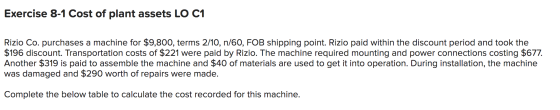 Exercise 8-1 Cost of plant assets LO C1 Rizio Co. purchases a machine for $9,800, terms 2/10, n/60, FOB shipping point. Rizio