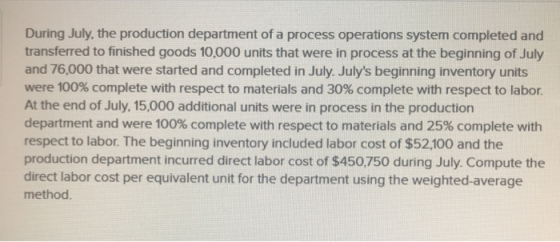 During July, the production department of a process operations system completed and transferred to finished goods 10,000 unit