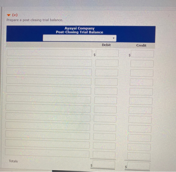 (e) Prepare a post-closing trial balance. Ayayai Company Post-Closing Trial Balance Debit Credit Totals