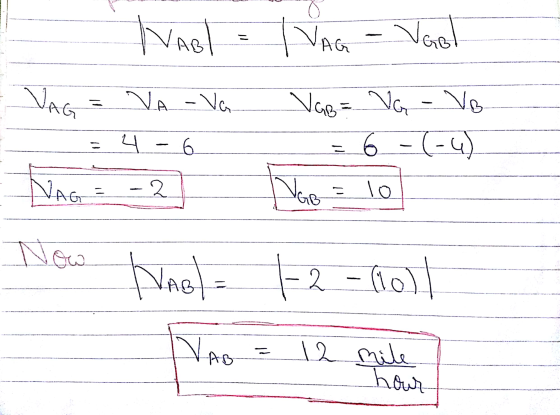 NABI VAG = NA -Na | VAG Vool Vab= VG - VG 6-(-4) The = 10 = 4 - 6 - Ting-2 -2 Now HAB) = 1-2 (10) VAO 12 mile hour