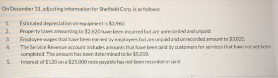 1. 2. On December 31, adjusting information for Sheffield Corp. is as follows: Estimated depreciation on equipment is $3,960.