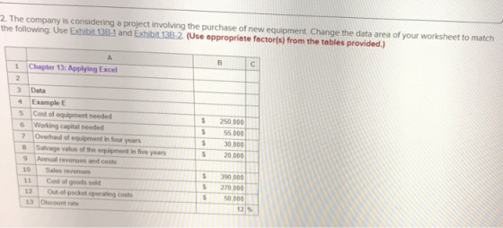 The company is considering a project involving the purchase of new equipment Change the data area of your worksheet to match