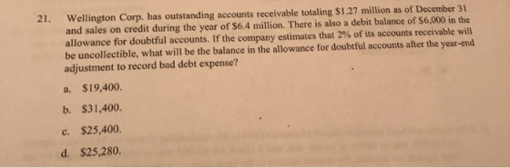 21. Wellington Corp. has outstanding accounts receivable totaling $1.27 million as of December 31 and sales on credit during