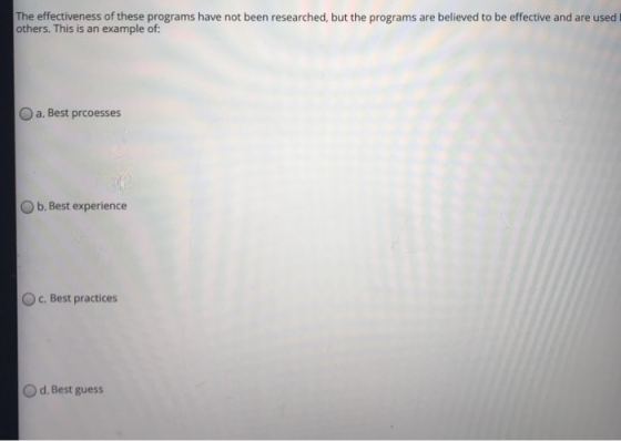 The effectiveness of these programs have not been researched, but the programs are others. This is an example of: believed to