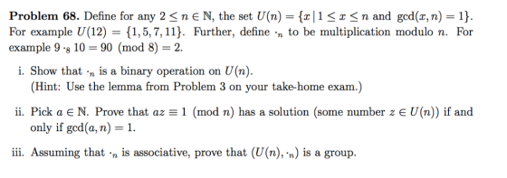 Problem 68. Define for any 2 n є N, the set U(n)-(x| 1 x n and gcd(z, n-1} For example U(12) 1,5,7,11 Further, define n to be