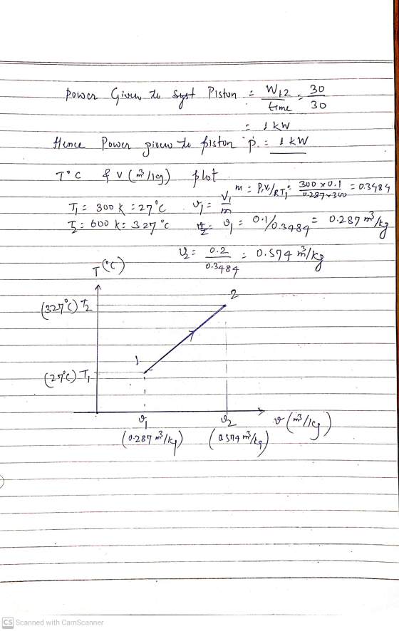 Power Given the syst Piston & W,2. 30 time 30 C 1 kW T°C m. Hence Power given to piston up: 1 kW &u (m 119) plot Pored RTM T