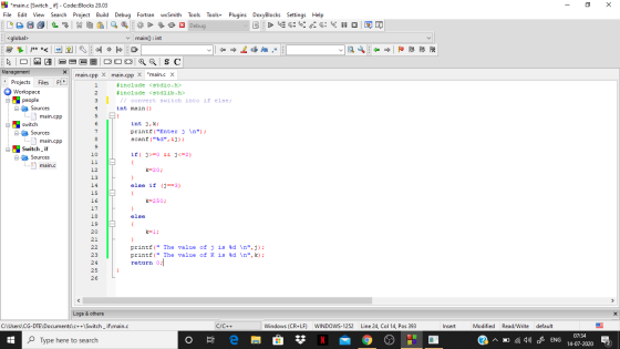 - х *main.c [Switch _if] - Code::Blocks 20.03 File Edit View Search Project Build Debug Fortran wxSmith Tools Tools+ Plugins
