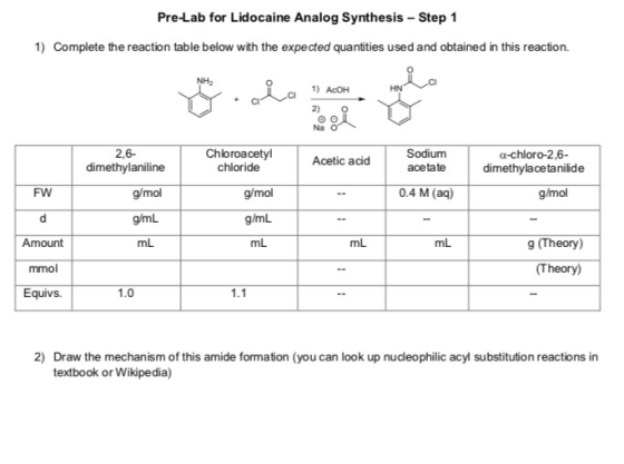 Pre-Lab for Lidocaine Analog Synthesis Step 1 1) Complete the reaction table below with the expected quantities used and obta