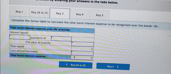 your answers in the ta bs below. Req 1 Req 2A to 2C Req 3 Req 4 Req 5 Complete the below table to calculate the total bond in