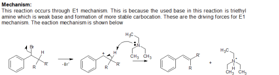 Mechanism: This reaction occurs through E1 mechanism. This is because the used base in this reaction is triethyl amine which