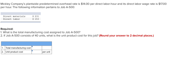 Mickley Companys plantwide predetermined overhead rate is $14.00 per direct labor-hour and its direct labor wage rate is $17