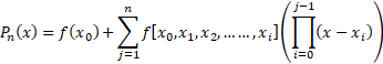 η j-1 Ρ, (x) = f(x)+f[xo,X1, 2, ...,x] (Πα - (x – x) J=1 =0