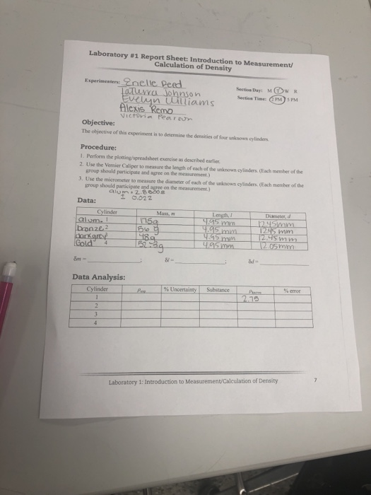 Laboratory #1 Report Sheet: Introduction to Measurement/ Calculation of Density 2n el le-Deed. Experimenter Section Day:MTw Sectica Time: PM)5 PM uvva Johnson Alex nuiliams Objective: The objective of this experiment is to determine the densities of four unknown cylinders l. Perform the ploning/spreadsheet exercise as described earlier 2. Use the Venier Caliper to measure the length of cach of the unknown cylinders.(Each member of the group should participate and agree on the measurement.) 3. Use the micrometer to measure the diameter of each of the unknown cylinders. (Each member of the group should participane and on the measurement) alu268bo Data: Mass,m bronze 2 Data Analysis: linder %U Substance %error Laboratory 1: Introduction to Measurement/Calculation of Density