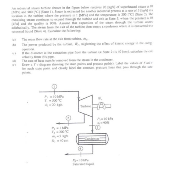 An industrial steam turbine shown in the figure below receives 20 [kg/s] of superheated steam at 10 [MPa) and 500 [°C] (State