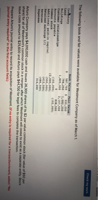 Check my work The following book and fair values were available for Westmont Company as of March 1. $ Inv&ntory Land Building