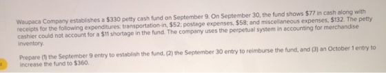 Waupaca Company establishes a $330 petty cash fund on September 9. On September 30, the fund shows $77 in cash along with rec