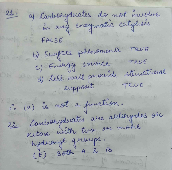 21 Carbohyduates do not uolue enaramatic estyess FALSE b Suface phnemuna TRUE ) Energy sovoae d) Rell wall prouide stustiual