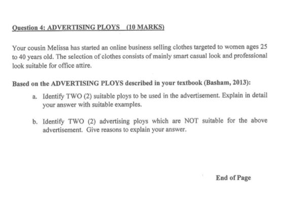 Question 4: ADVERTISING PLOYS (10 MARKS) Your cousin Melissa has started an online business selling clothes targeted to women