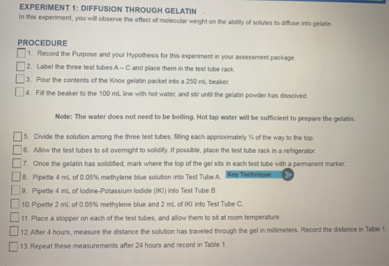 EXPERIMENT 1: DIFFUSION THROUGH GELATIN In this experiment, you will observe the effect of molecular weight on the ability of