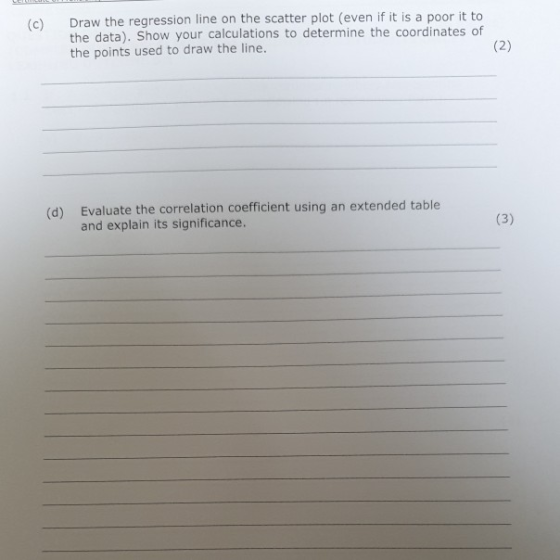 (c) Draw the regression line on the scatter plot (even if it is a poor it to the data). Show your calculations to determine t