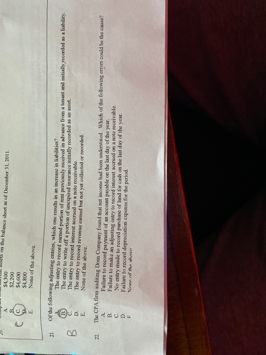 Lune s on the balance sheet as of December 31, 2011 $4,300 $2,200 $4,600 $4,800 None of the above. of the following adjusting
