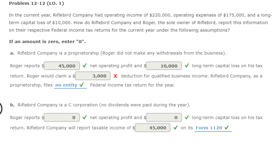 Problem 12-12 (LO. 1) In the current year, Riflebird Company had operating income of $220,000, operating expenses of $175,000