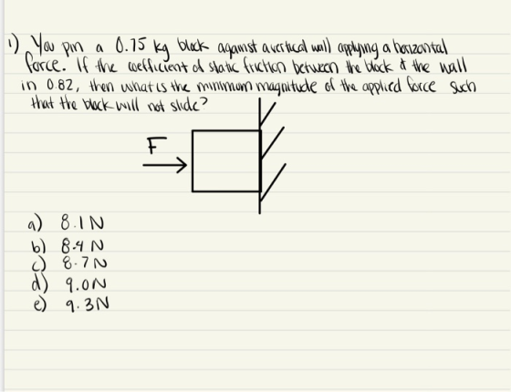 1 You pin a 0.15 kg block against a vertical wall applying a horizontal force. If the coefficient of static friction between