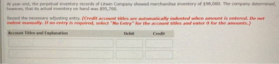 At year-end, the perpetual inventory records of Litwin Company showed merchandise inventory of $98,000. The company determine