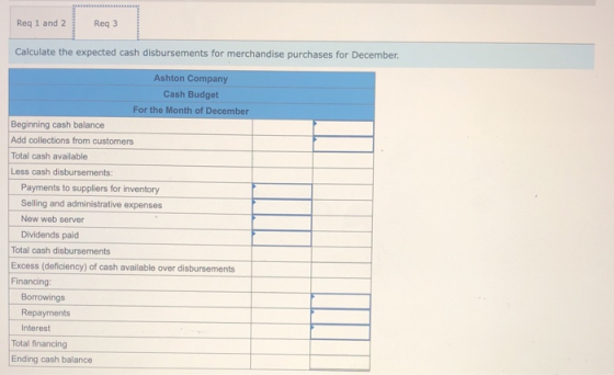 Req 1 and 2 Req 3 Calculate the expected cash disbursements for merchandise purchases for December Ashton Company Cash Budget