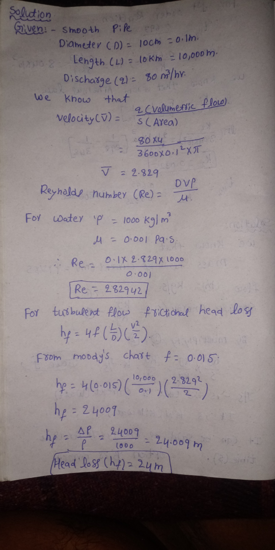 79 Pipe Diameter (D) - loch coilm. Discharge (21= 80 m/hr. Solution Given - smooth we Know that velocity (D) Length (L) = 10k