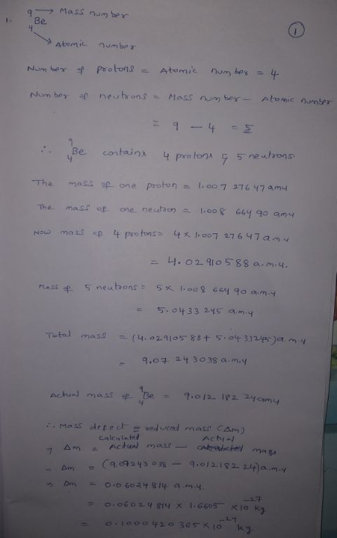 Mass num ber Be Atomic number num ber 4 Atomic Num bey of Probons Atomic numser Mass num ber- Num bey of neuhons contains 5 n
