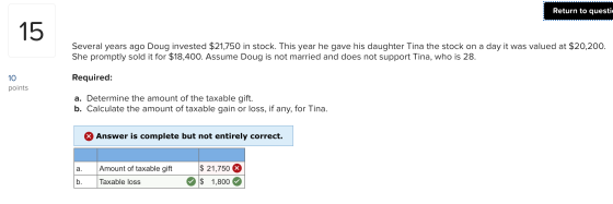 Return to questi Several years ago Doug invested $21,750 in stock. This year he gave his daughter Tina the stock on a day it