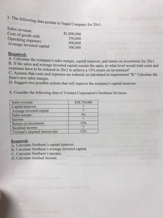 3. The following data pertain to Napal Company for 20x1 Sales revenue Cost of goods sold Operating expenses Average invested