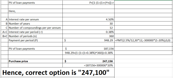 PV of loan payments Px[1-1=(1+r)^n)]=r Here, A Interest rate per annum B Number of years C| Number of compoundings per per an