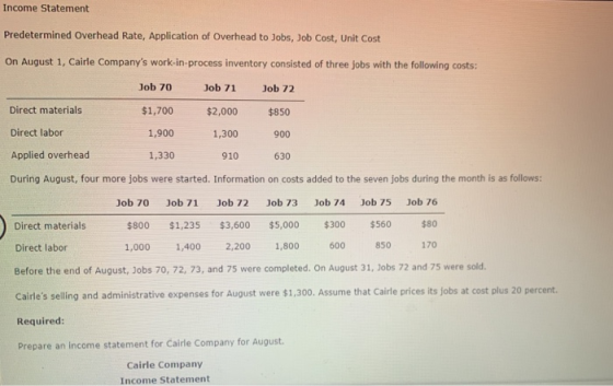 Income Statement Predetermined Overhead Rate, Application of Overhead to Jobs, Job Cost, Unit Cost On August 1, Cairle Compan