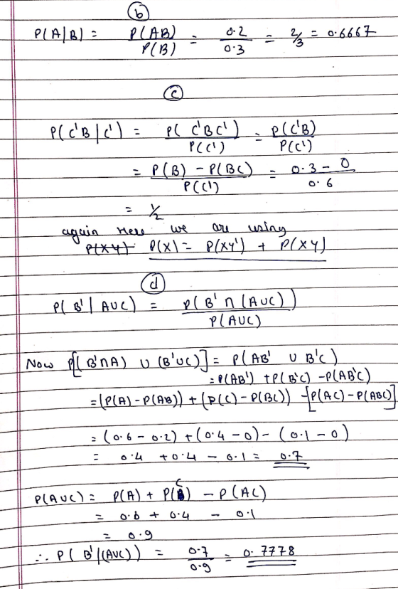 PLABI = 2 - 7 OL LUU S PLAB PIB) on : 4 = 0.6667 0:3 3 PleBla)Pl doc!). PCCB) = P(B) - P(BC) = 0.3- _ PCC) - 0.6 aquin here