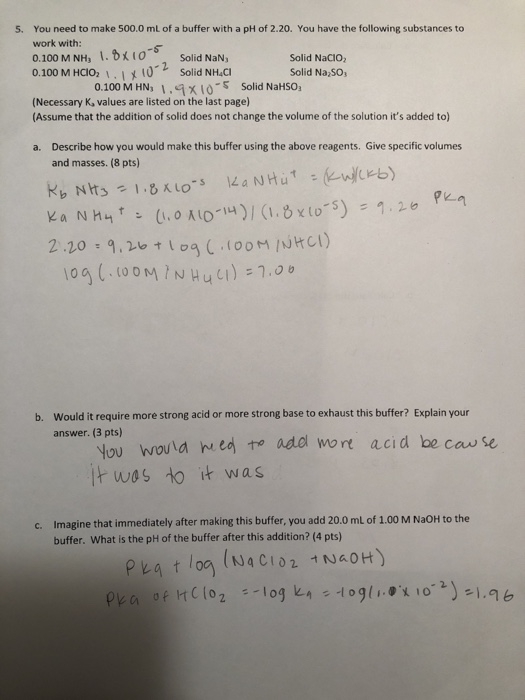 0.100 M NH, 1.8x10-5 5. You need to make 500.0 mL of a buffer with a pH of 2.20. You have the following substances to work wi