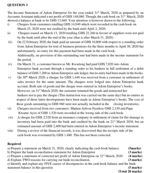 ii) QUESTION 3 The Income Statement of Adom Enterprise for the year ended 31 March, 2020 as prepared by an Accounts Assistan