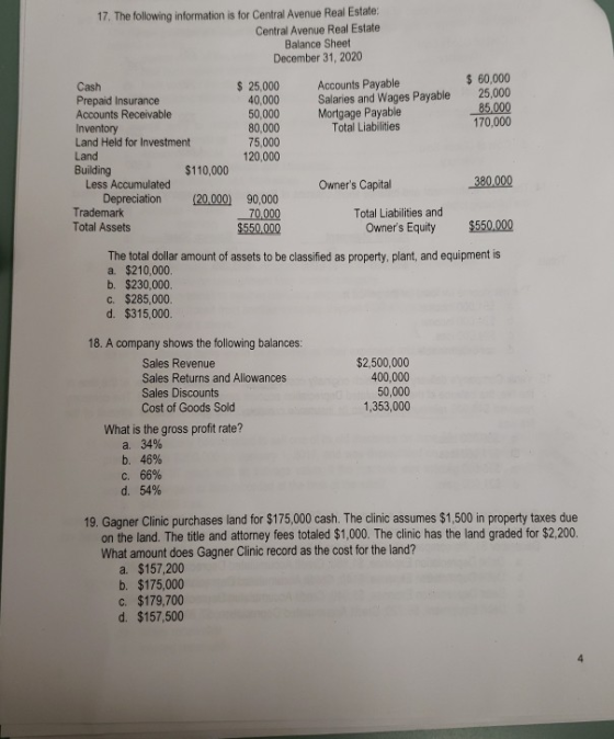 17. The following information is for Central Avenue Real Estate: Central Avenue Real Estate Balance Sheet December 31, 2020 A