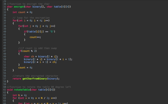 29 30 //function to encrypt the char 31 char_encrypt(char binaryll, char table[4][4]), 32 { int count = 0; // loop for the en