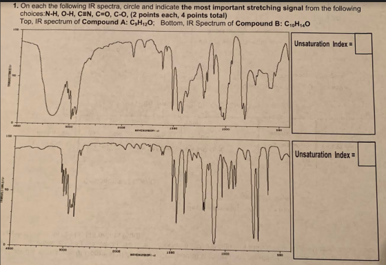 1. On each the following IR spectra, circle and indicate the most important stretching signal from the following choices:N-H,