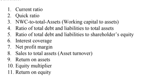 1. Current ratio 2. Quick ratio 3. NWC-to-total-Assets (Working capital to assets) 4. Ratio of total debt and liabilities to