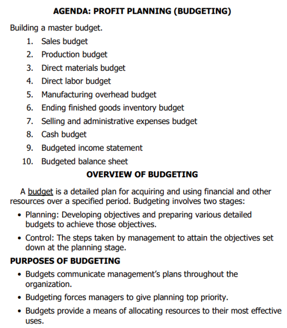 AGENDA: PROFIT PLANNING (BUDGETING) Building a master budget. 1. Sales budget 2. Production budget 3. Direct materials budget