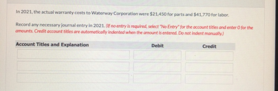 In 2021, the actual warranty costs to Waterway Corporation were $21,450 for parts and $41,770 for labor. Record any necessary