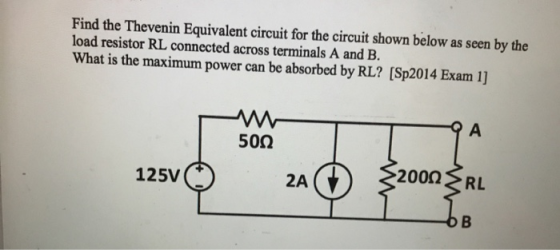 Find the Thevenin Equivalent circuit for the circuit shown below as seen by the load resistor RL connected across terminals A