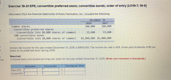 Exercise 19-21 EPS; convertible preferred stock; convertible bonds; order of entry [LO19-7, 19-9) Information from the financ