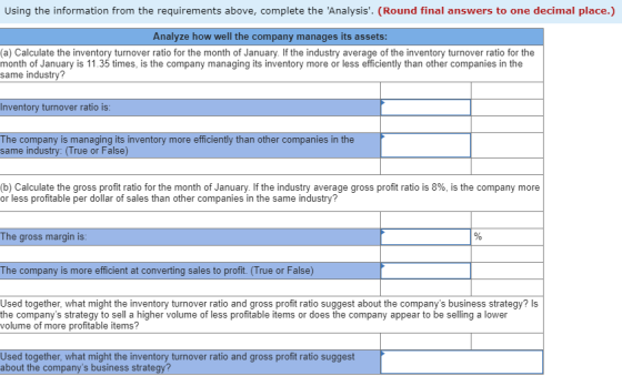 Using the information from the requirements above, complete the Analysis. (Round final answers to one decimal place.) Analy