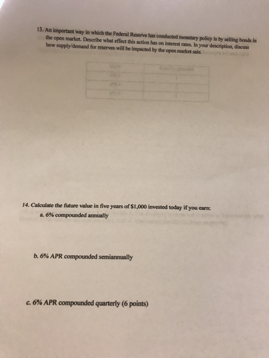 13. An important way in which the Federal Reserve has conducted monetary policy is by selling bonds in how supply/demand for reserves will be impacted by the open market sale. 14. Calculate the future value in five years of $1,000 invested today if you earn: 6% compounded annually b, 6% APR compounded semiannually C. 6% APR compounded quarterly (6 points)